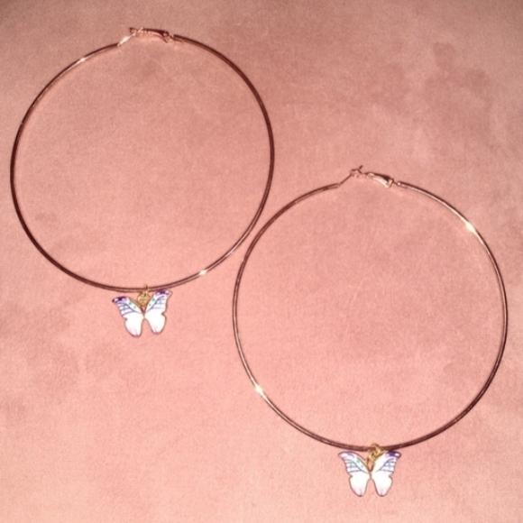 Huge Rose Gold Pink Butterfly Charm Hoops Big XL Oversized Hoop Earrings KATTA - Picture 8 of 9